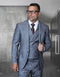 A three-piece modern fit suit made from 100% wool features a textured windowpane pattern. The suit is displayed in shades of gray, comprising a jacket, a vest, and trousers. The jacket has notched lapels and a tailored silhouette, while the vest is buttoned up.