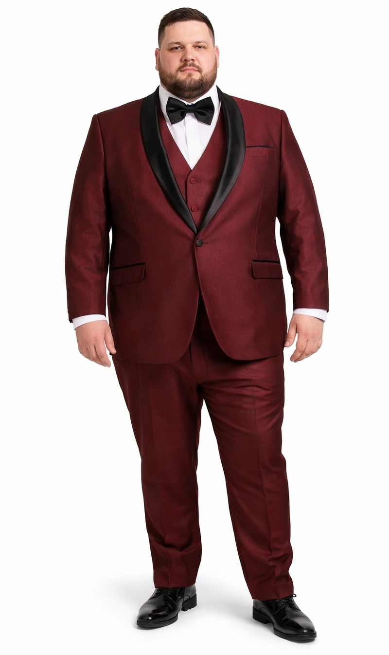 Burgundy three-piece tuxedo with shawl lapel, front buttons, and matching trousers. Features a slight sheen. Includes side pockets, black bow tie, and white shirt. Elegant and structured design.
