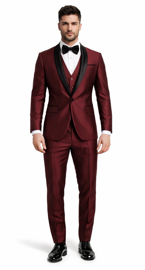 Burgundy 3-piece tuxedo with shawl lapel and tailored fit. Features a glossy finish, black satin lapel accents, jacket, vest, and matching trousers. Elegant and refined.