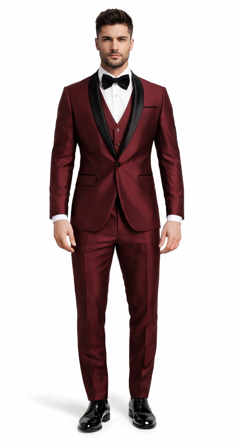 Elegant Burgundy 3-Piece Tuxedo – Versailles Shawl Lapel Formal Wear