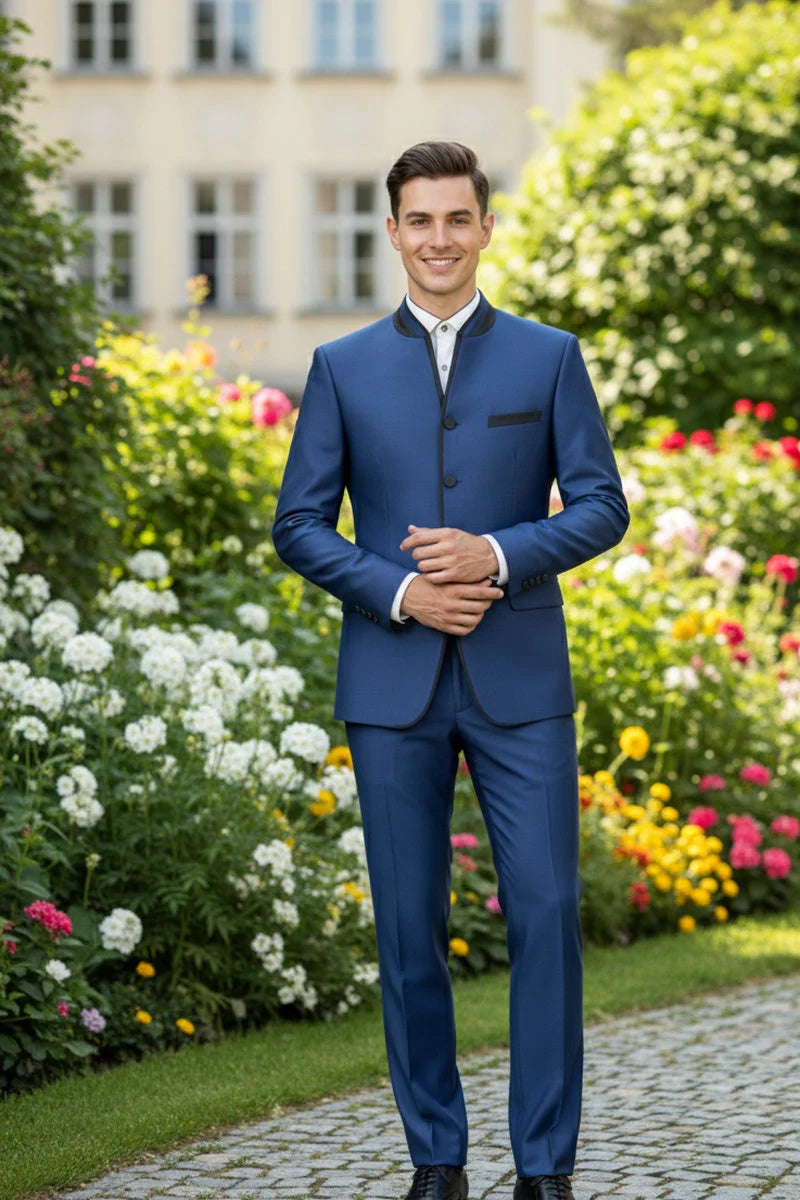 Mens Blue Sharkskin Mandarin Collar Tuxedo - 2 Piece Slim Fit Luxury Set