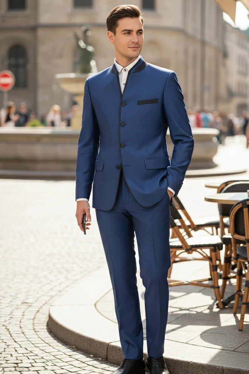 Mens Blue Sharkskin Mandarin Collar Tuxedo - 2 Piece Slim Fit Luxury Set