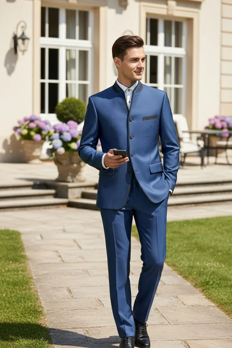 Mens Blue Sharkskin Mandarin Collar Tuxedo - 2 Piece Slim Fit Luxury Set