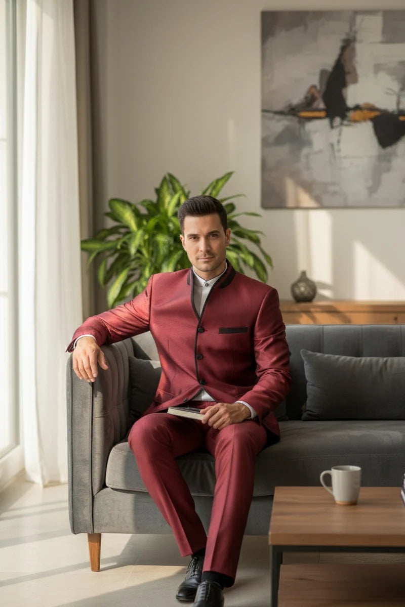 Mens Burgundy Sharkskin Mandarin Collar Tuxedo - 2 Piece Slim Fit Luxury Set