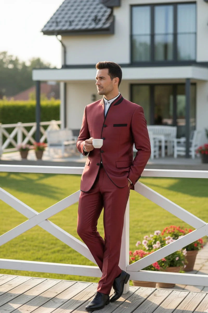 Mens Burgundy Sharkskin Mandarin Collar Tuxedo - 2 Piece Slim Fit Luxury Set