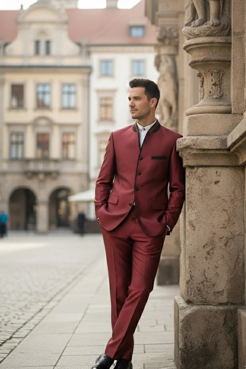 Mens Burgundy Sharkskin Mandarin Collar Tuxedo - 2 Piece Slim Fit Luxury Set