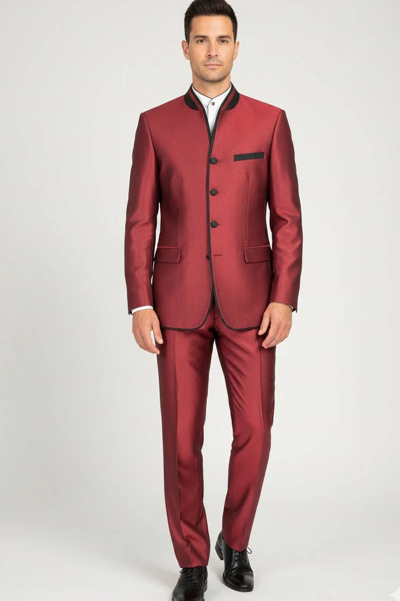 Mens Burgundy Sharkskin Mandarin Collar Tuxedo - 2 Piece Slim Fit Luxury Set