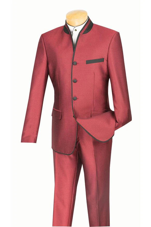 Mens Burgundy Sharkskin Mandarin Collar Tuxedo - 2 Piece Slim Fit Luxury Set