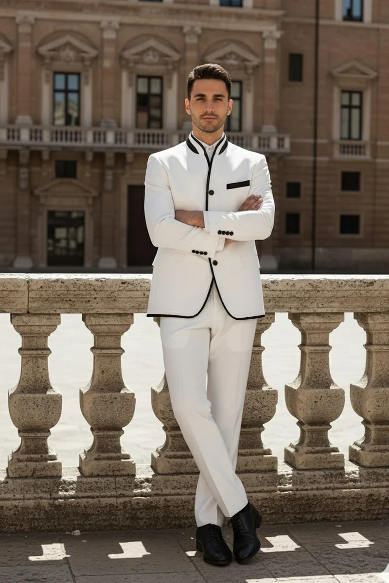 Mens White Sharkskin Mandarin Collar Tuxedo - 2 Piece Slim Fit Luxury Set