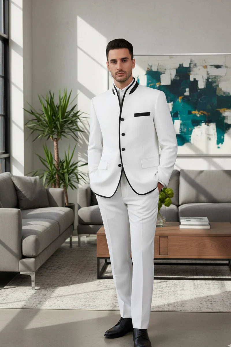 Mens White Sharkskin Mandarin Collar Tuxedo - 2 Piece Slim Fit Luxury Set