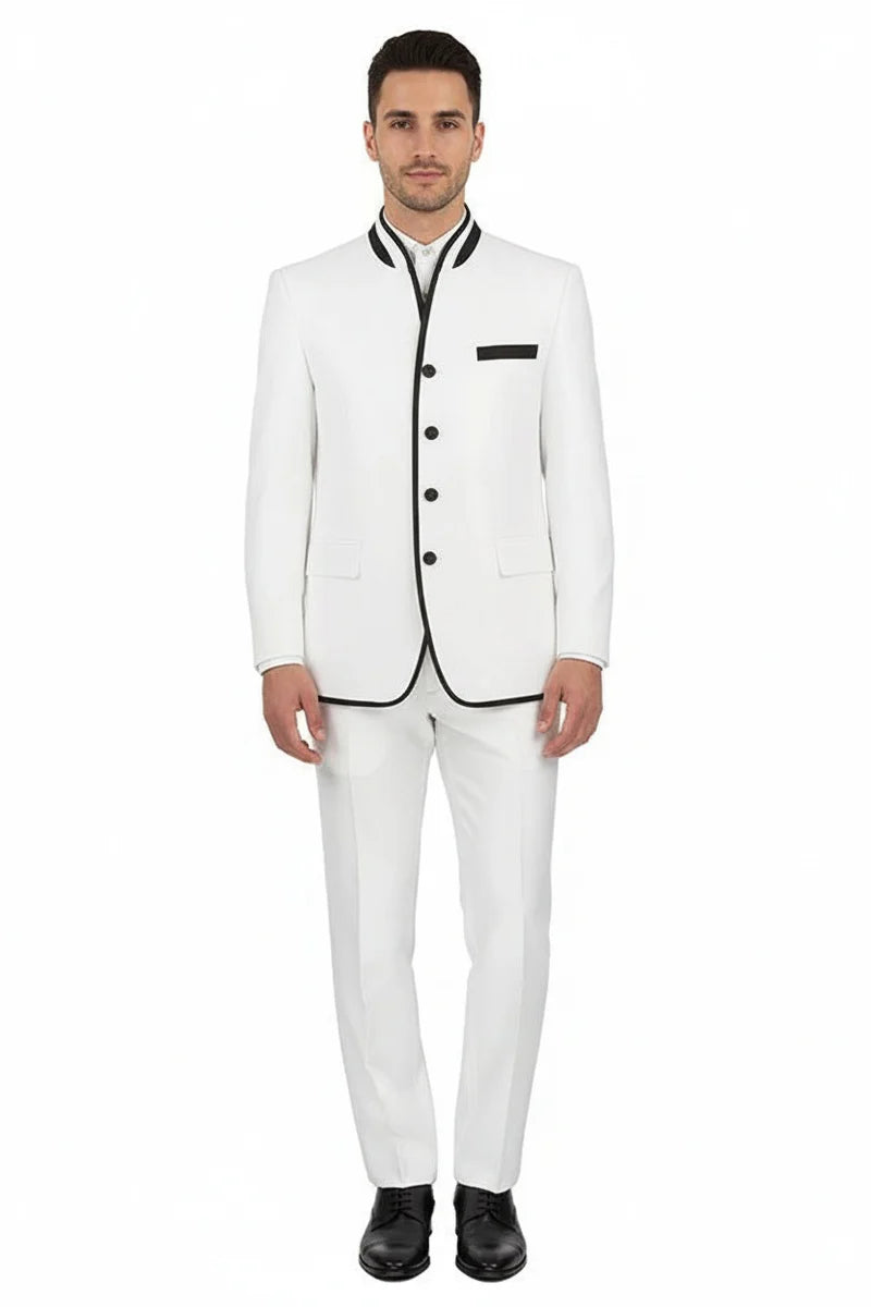 Mens White Sharkskin Mandarin Collar Tuxedo - 2 Piece Slim Fit Luxury Set