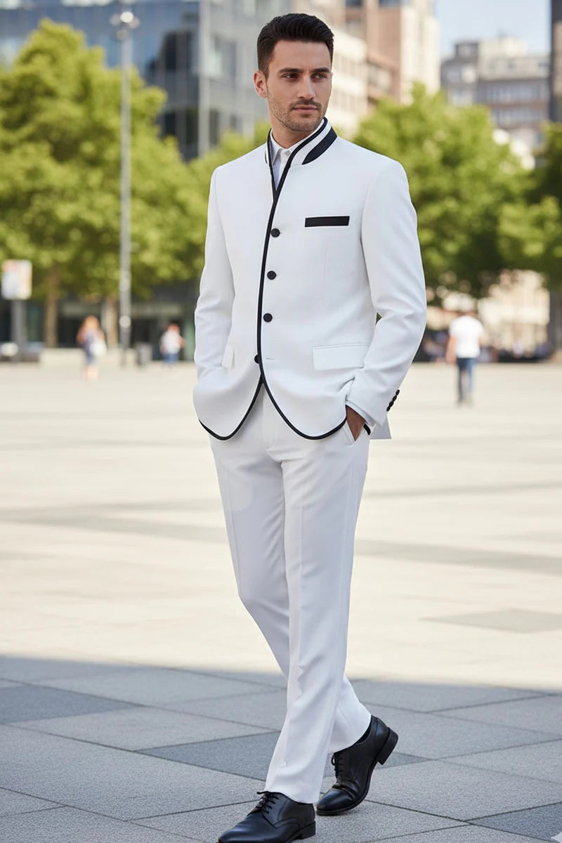 Mens White Sharkskin Mandarin Collar Tuxedo - 2 Piece Slim Fit Luxury Set