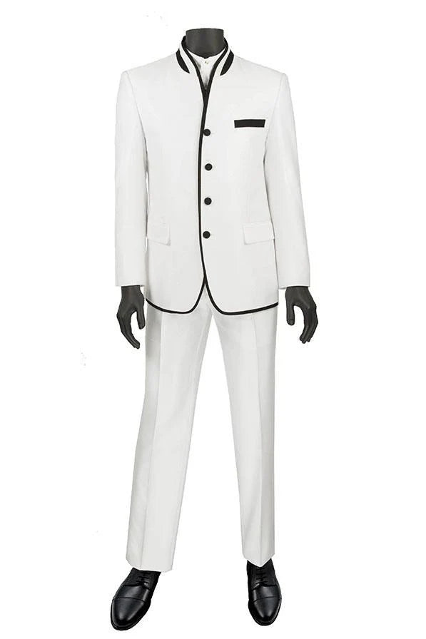 Mens White Sharkskin Mandarin Collar Tuxedo - 2 Piece Slim Fit Luxury Set