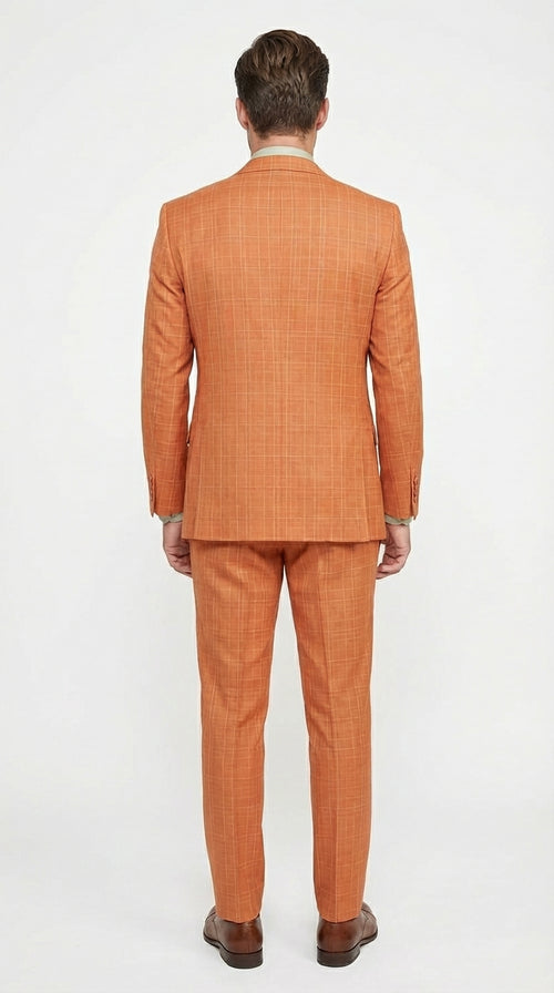 Vinci Mens Orange Three Piece Suit – Orange Windowpane Plaid 3PC Formal Suit for Wedding, Church and Business Holloween Color