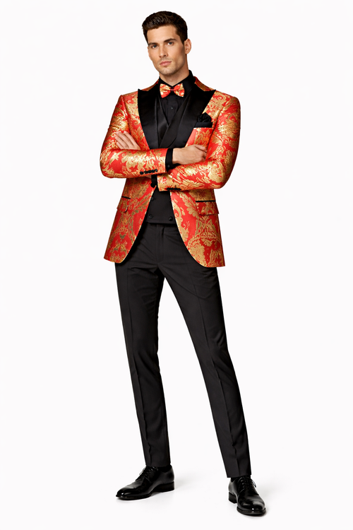 VINCI Men's Red & Gold Modern Fit 3pc Tuxedo Suit w/ Matching Bow-Tie NEW