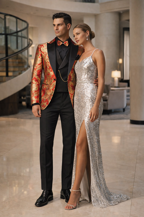 VINCI Men's Red & Gold Modern Fit 3pc Tuxedo Suit w/ Matching Bow-Tie NEW