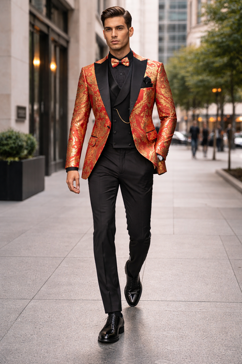 VINCI Men's Red & Gold Modern Fit 3pc Tuxedo Suit w/ Matching Bow-Tie NEW