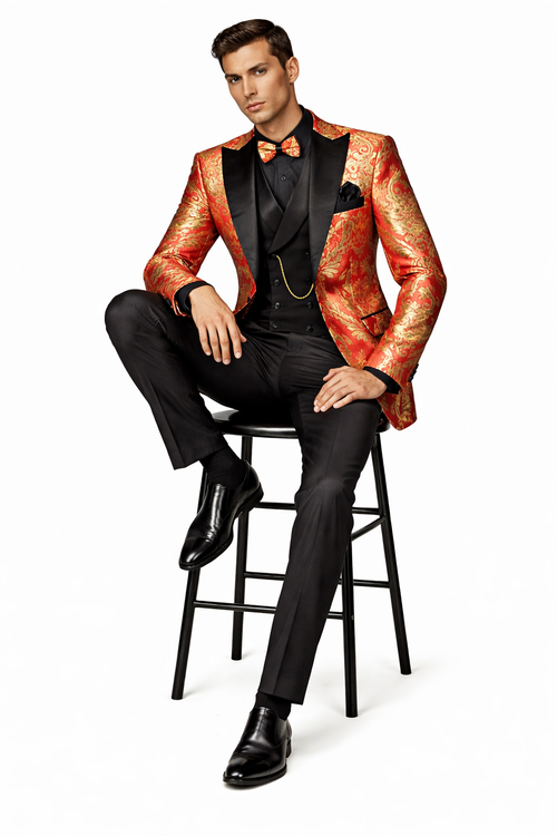 VINCI Men's Red & Gold Modern Fit 3pc Tuxedo Suit w/ Matching Bow-Tie NEW