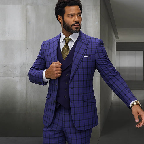 Statement ITALY Suit - Super 150's Wool Suit Statement Men's 3 Piece Modern Fit 100% Wool Suit - Plaid with Solid Vest