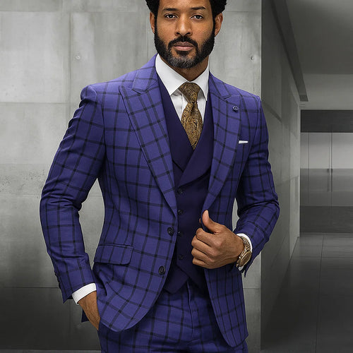 Statement ITALY Suit - Super 150's Wool Suit Statement Men's 3 Piece Modern Fit 100% Wool Suit - Plaid with Solid Vest