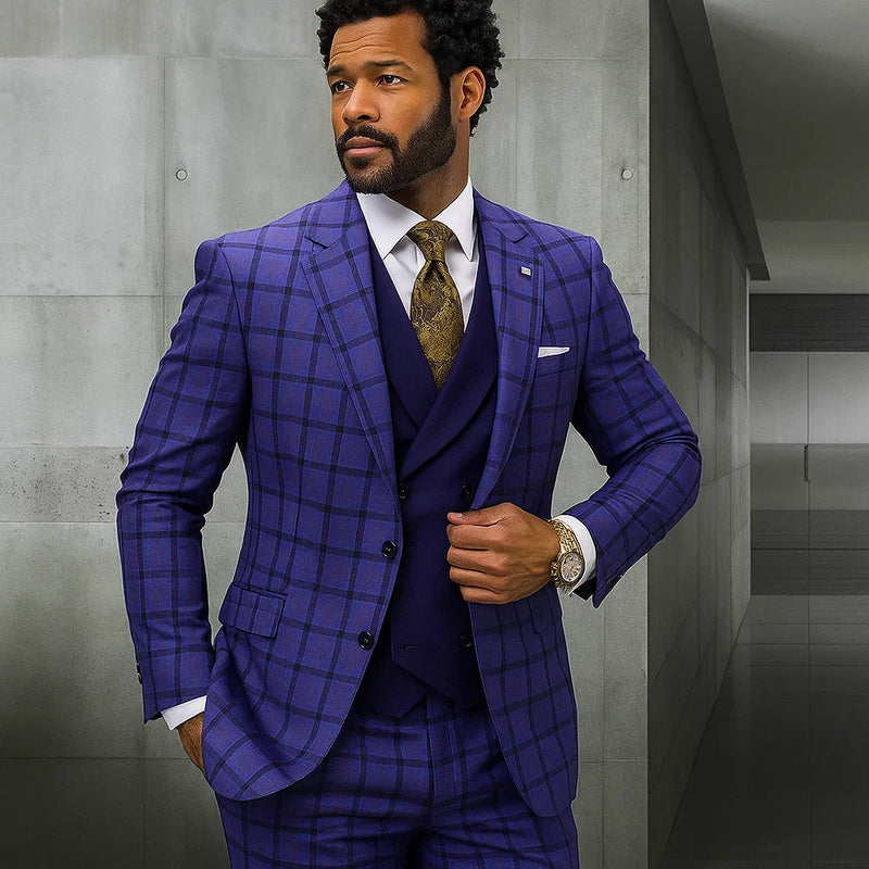 Statement Men's 3 Piece 100% Wool Plaid Suit - Modern Fit