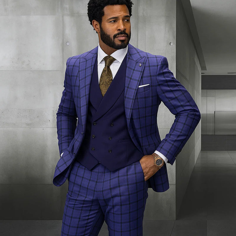 Statement Men's 3 Piece 100% Wool Plaid Suit - Modern Fit