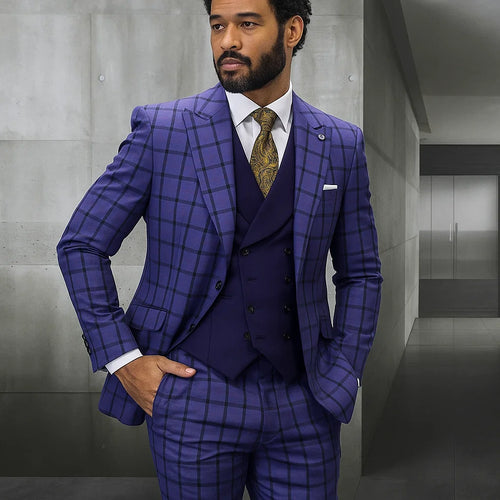 Statement ITALY Suit - Super 150's Wool Suit Statement Men's 3 Piece Modern Fit 100% Wool Suit - Plaid with Solid Vest