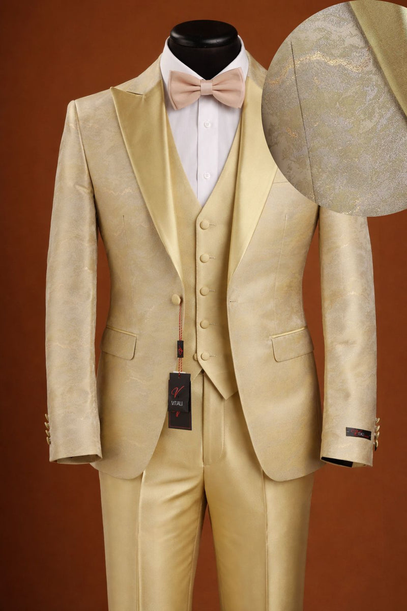Vitali Mens Yellow Gold Designer Tuxedo Suit Set – Luxury Wedding Prom Formal Tuxedo with Vest Bow Tie in Champaign Color