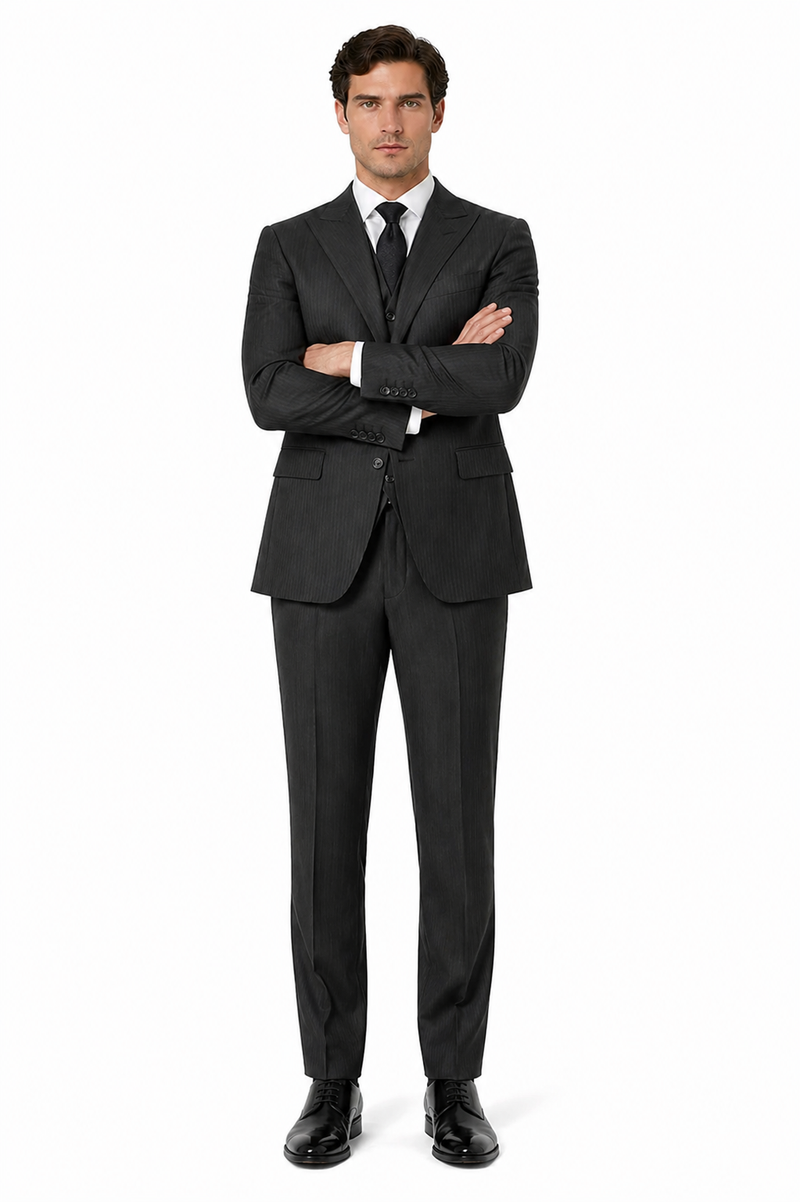 Vitali Mens Black Tone on Tone Shadow Stripe Vested Suit Set – 3 Piece Modern Fit Pinstripe Two Buttons