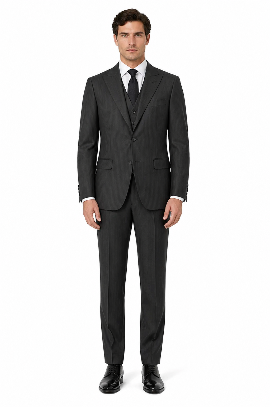Vitali Mens Black Tone on Tone Shadow Stripe Vested Suit Set – 3 Piece Modern Fit Pinstripe Two Buttons