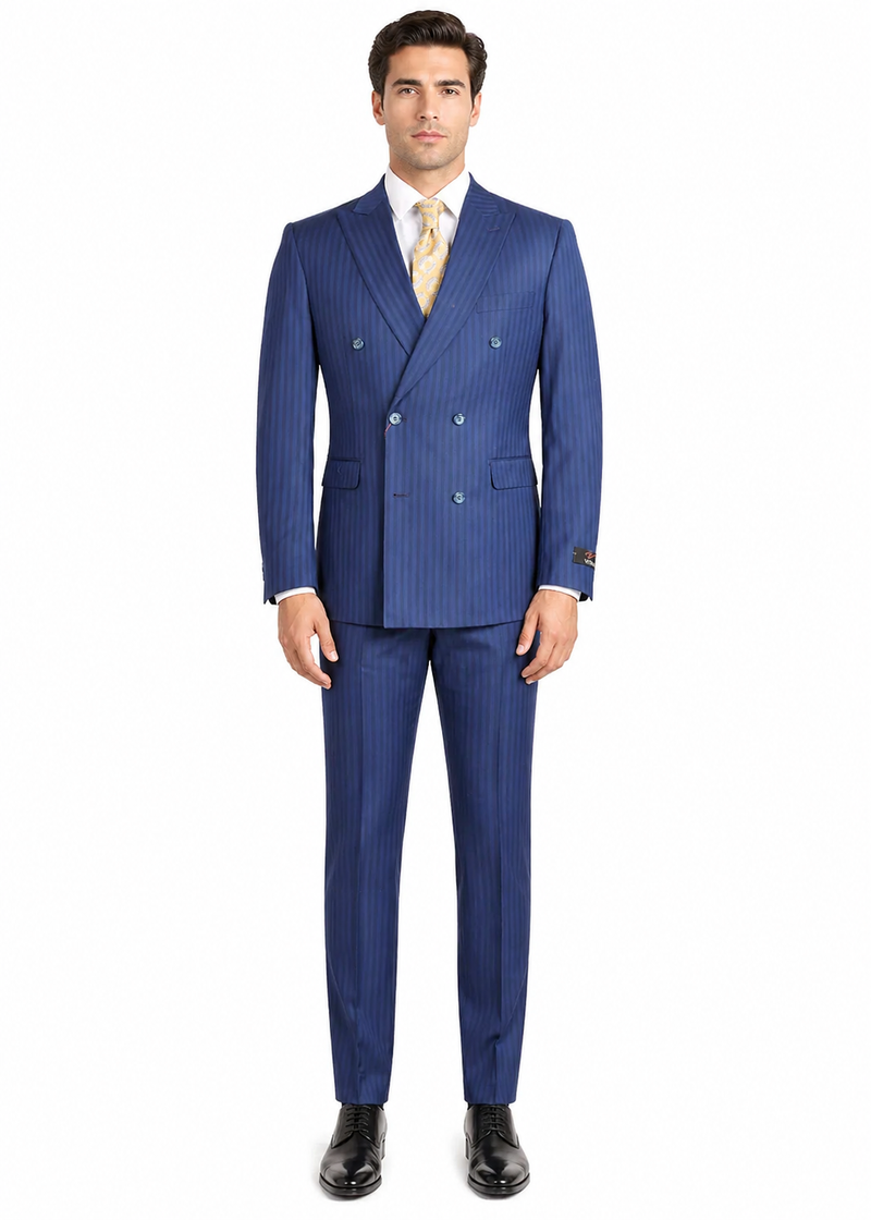 Vitali Mens Blue Tone on Tone Shadow Pinstripe Suit Set – Double Breasted Business Modern Fit Side Vented