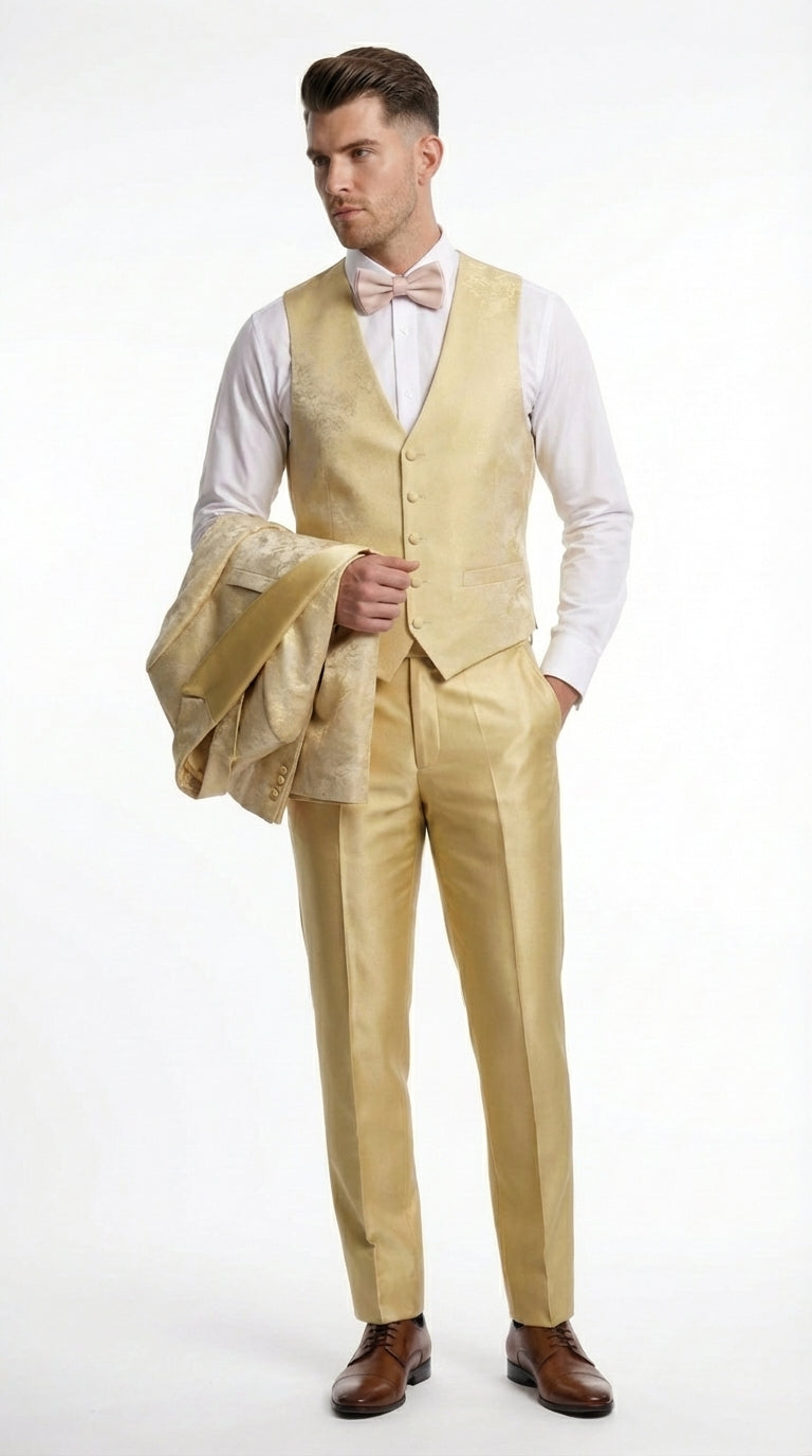Vitali Mens Yellow Gold Designer Tuxedo Suit Set – Luxury Wedding Prom Formal Tuxedo with Vest Bow Tie in Champaign Color