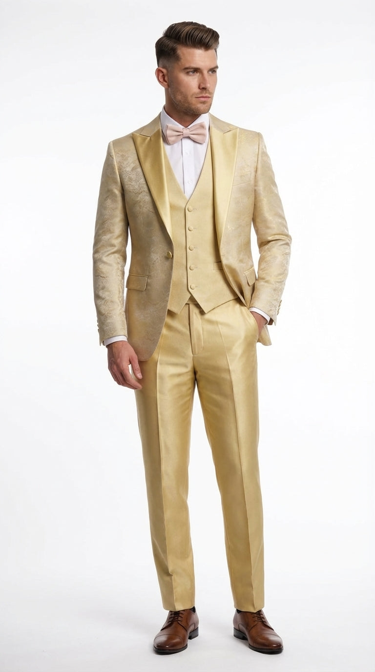 Vitali Mens Yellow Gold Designer Tuxedo Suit Set – Luxury Wedding Prom Formal Tuxedo with Vest Bow Tie in Champaign Color