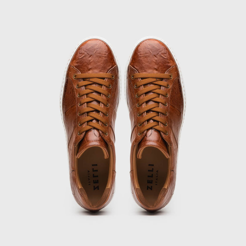 Zelli Vivo Tumbled Calfskin Sneakers in Cognac with White Rubber Sole