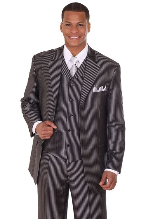 "Sharkskin Pinstripe Suit - Men's Black 3-Button Vested, Narrow Cut"