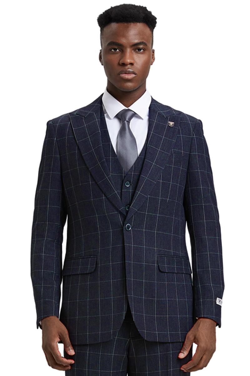 The men's Stacy Adams vest is navy blue with a classic bold windowpane pattern featuring contrasting lines. It has a tailored fit, two front pockets, and a three-button closure.