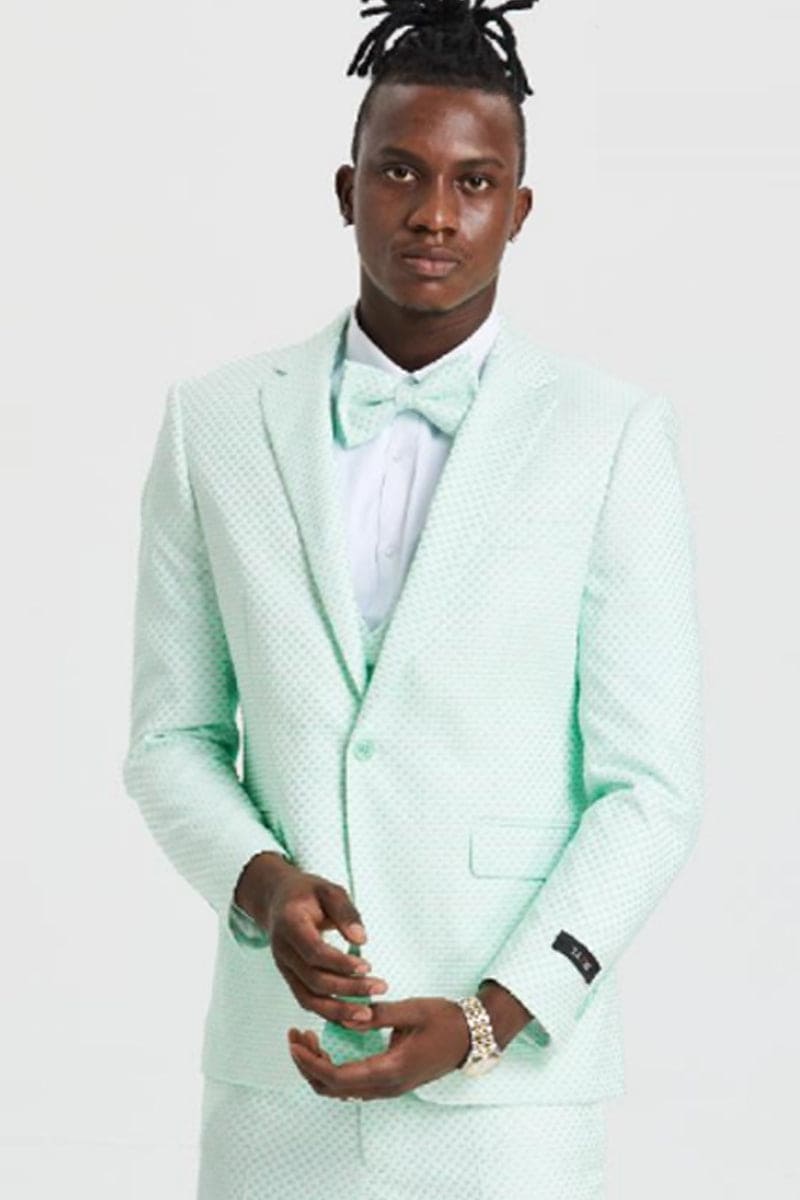 "Men's Mint Green Polka Dot Prom 2026 & Wedding Suit - One Button Double Breasted Vest"