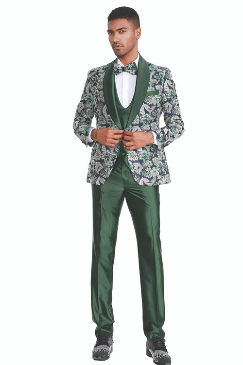 "Men's Slim Fit Paisley Shawl Lapel Tuxedo - One Button Vested Prom 2025 Suit in Hunter Green"