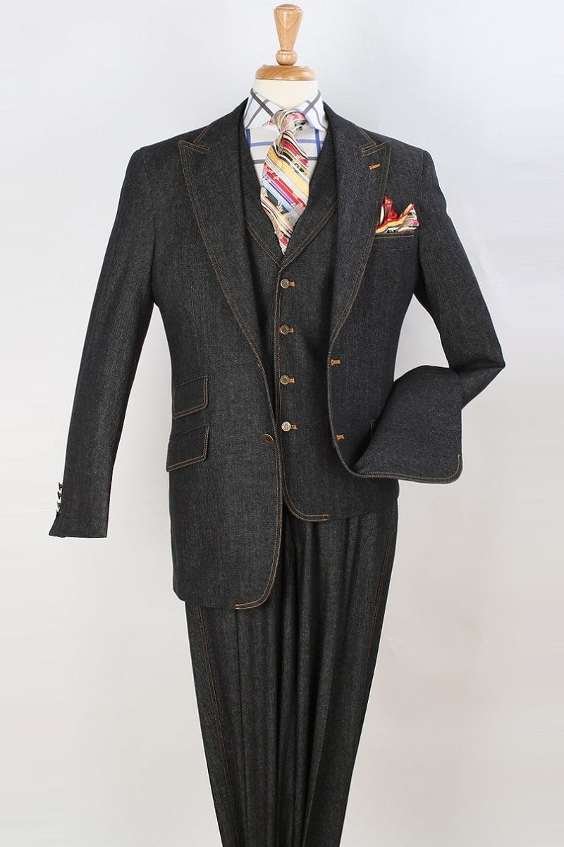Apollo King Black Denim Suit: Two-Button Peak Lapel Vested