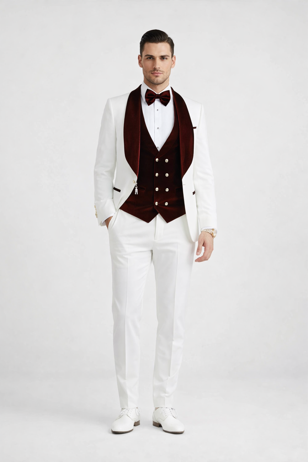 Wedding Tuxedo - Groom Suit - White and Burgundy Prom Suit