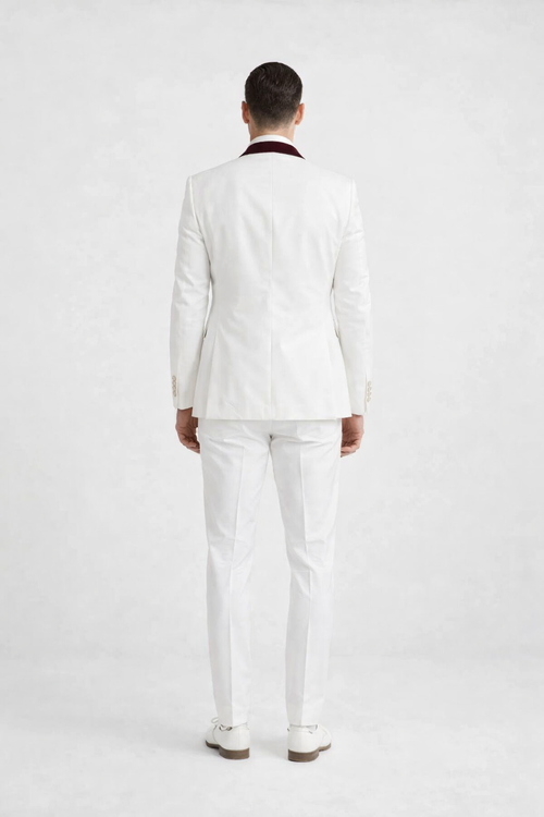 Wedding Tuxedo - Groom Suit - White and Burgundy Prom Suit
