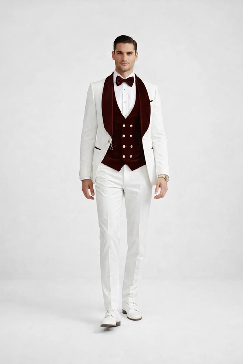 Wedding Tuxedo - Groom Suit - White and Burgundy Prom Suit