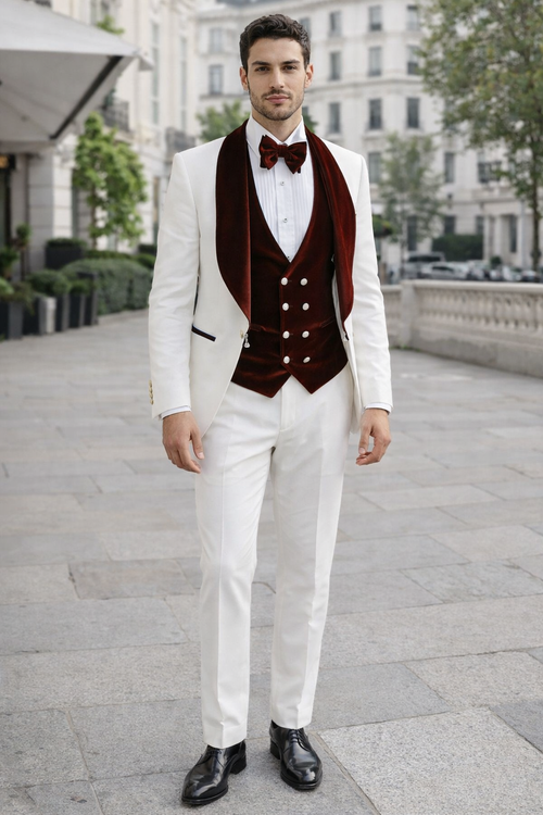 Wedding Tuxedo - Groom Suit - White and Burgundy Prom Suit