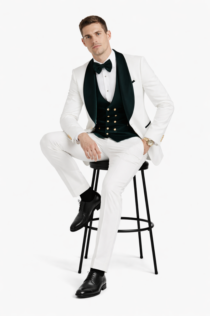 Wedding Tuxedo - Groom Suit - White and Dark Green Prom Suit - 100% Percent Wool Fabric Suit - Worsted Wool Business Suit