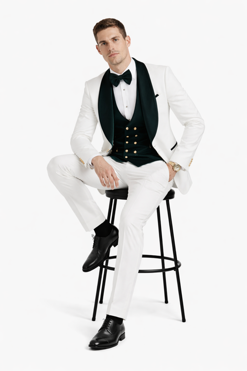 Wedding Tuxedo - Groom Suit - White and Dark Green Prom Suit - 100% Percent Wool Fabric Suit - Worsted Wool Business Suit
