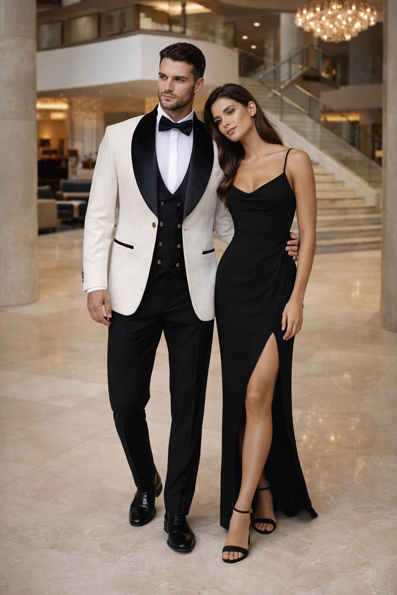 Wedding Tuxedo Premium Paisley Black Velvet 4pc Suit W/ Matching Bowtie