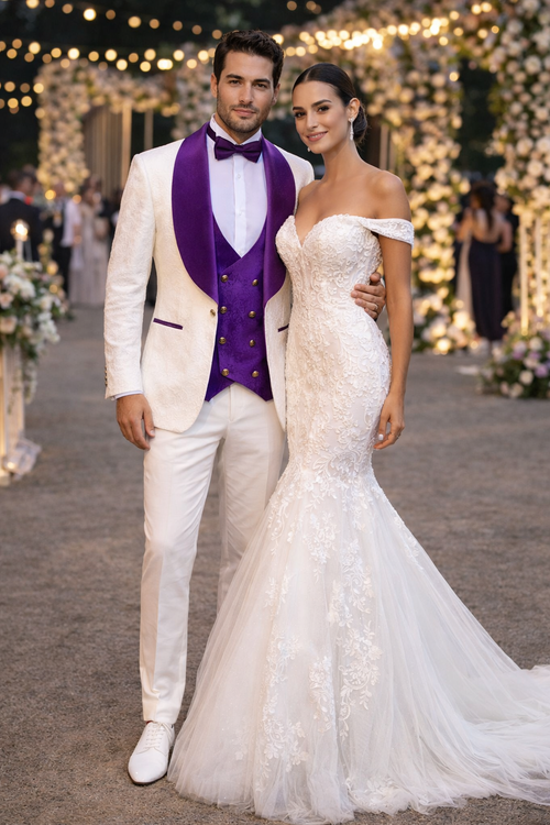 Wedding Tuxedos For Men in Purple Classic Wedding Tuxedo Style For Guys - Two Toned Lapel