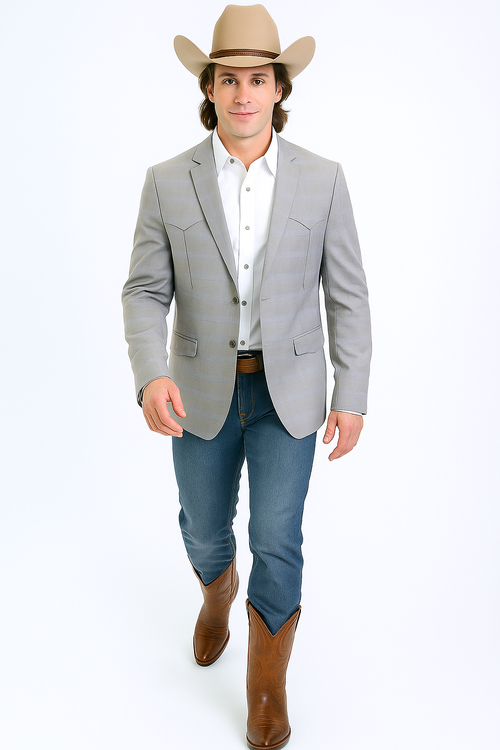 Alberto Nardoni men's grey western blazer. Fitted shape, subtle check pattern, notched lapel. Features two front flap pockets, long sleeves with buttoned cuffs, and a double-button closure.