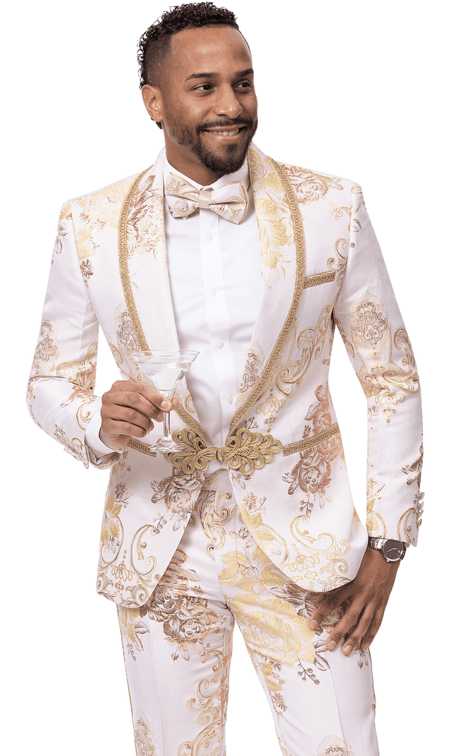 White and Gold Tuxedo - Flower Floral Suit - Paisley Suit - AlbertoNardoniStore