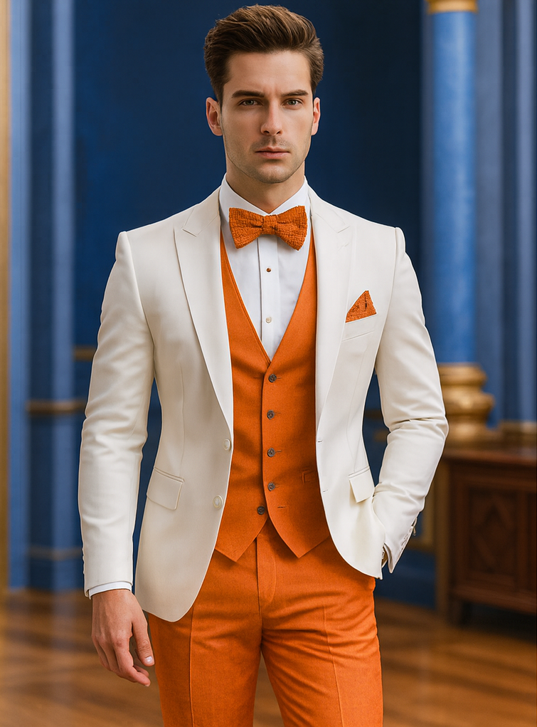 White and Orange Tuxedo Wedding Suit - White Dinner Jacket + Vest + Pants + Bow-tie